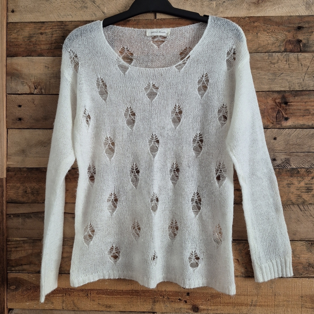 Painted Threads Open Knit Sweater Women's S Ivory Pullover L/S Semi Sheer Soft
